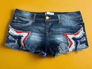 No Boundaries Embroidered Red White Blue Star Denim Shorts— Size 15 Junior - Picture 1 of 4