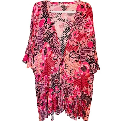 Johnny Was Valennis Ruffle Kimono Swim Cover Pink Floral Size L/XL - Image 1 of 4