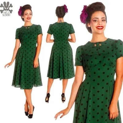 Hell Bunny Vixen 40's Madden Polka Dot Retro Tea Dress Green And Black X Small - Image 1 of 4