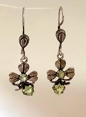 SHAMROCKS with PERIDOT/ Moonstone  Sterling 925 Silver Dainty DANGLE EARRINGS - Image 1 of 4