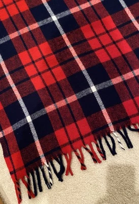 Vintage New Fairbault Woolen Mill Red White Blue  Fringed Plaid Blanket 50x60 - Image 1 of 4