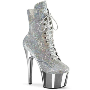 SILVER HOLOGRAM 7" & CHROME PLATED-LACES-ZIP SEQUIN BOOTIE Sz 5 6 7 8 9 10 11 12 - Picture 1 of 5