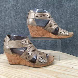 Rockport Sandals Womens 7 W Janna Strappy Beige Leather Wedge Casual Metallic - Picture 1 of 16