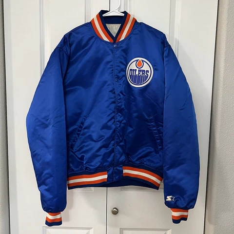 Vintage NHL EDMONTON OILERS STARTER BOMBER SATIN JACKET MADE IN USA SIZE XL Rare Cover