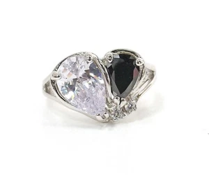 Black and clear cubic zirconia ring, two teardrop stones and round CZ stones NEW - Picture 1 of 8