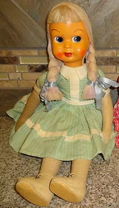 Vintage Cloth Body Hard Painted Mask Face 16" Doll Hinged Legs Green Dress - Picture 1 of 4