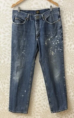 Lee Men’s 36 X 32 Distressed Paint Relaxed Straight Leg Jeans Medium Wash Denim - Image 1 of 4