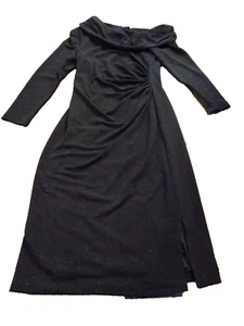 DB Studio Classy Long Sleeve Swoop Neck Glitter Gathered side Black Dress sz 8 - Picture 1 of 10
