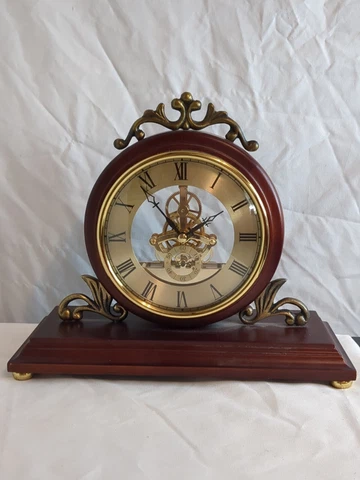 Vintage Unbranded Wooden Brown & Gold Shelf/Desk Mantle Clock With Gears Showing Cover