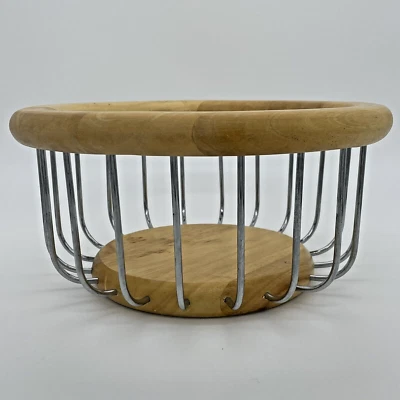 Vintage Pantry Fruit Basket Indoor or Outdoor 10" x 5.5” Wood & Metal/Chrome - Image 1 of 4