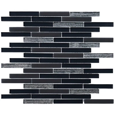 Black Modern Metallic Glass Brick Joint Mosaic Tile Kitchen Bath Wall Backsplash - Image 1 of 4