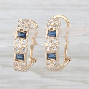 1.44ctw Blu Zaffiro Diamante Gancio a J Orecchini 14k Oro Giallo Omega Retro - Foto 1 di 6
