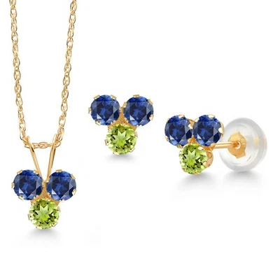Juego de aretes colgantes de 3 piedras de zafiro y peridoto creados en oro amarillo de 14K para Foto 1 de 3