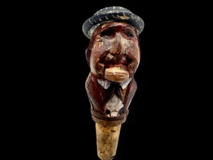 Vintage Hand Carved Wood Bottle Stopper Man in Hat Folk Art Black Forest 4” - Picture 1 of 13