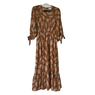 Everly Maxi Dress Womens Large Floral Leaves Autumn Fall Long Sleeve Tie Wrist - Image 1 of 4