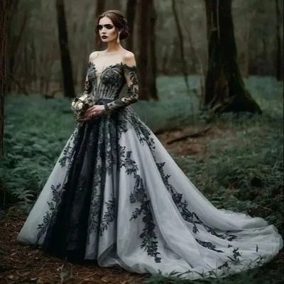 Black And White Vintage Gothic Wedding Dresses Off Shoulder Long Sleeves Bridal - Image 1 of 4
