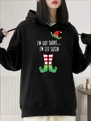 I'm Not Short I'm ELF SIZED Xmas Printed Hoodie - Relaxed Fit, Classic Crew Neck — 第 1/4 张图片