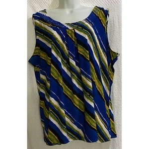 Susan Lawrence Woman Blue Striped Sleeveless Top Embellished Neckline - Picture 1 of 7