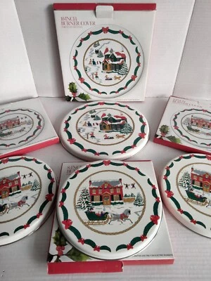 Винтажные круглые металлические эмалированные крышки для конфорок Mervyn's Stove Burner Snow Village 4 шт. - Изображение 1 из 4