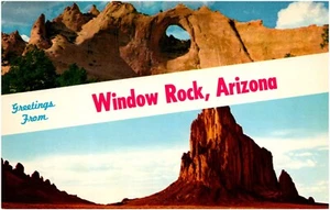 Grüße vom Fensterfelsen Arizona & Schiffsfelsen New Mexico 50er Jahre Chrom Postkarte - Bild 1 von 2