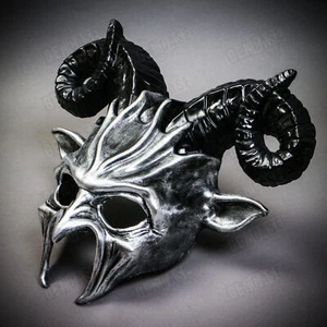 Halloween Silver Demo Masquerade Mask w/ Black Krampus Ram Horns Cosplay Mask - Picture 1 of 5