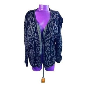 Niteline Della Roufogali vintage black rayon beaded formal soutache jacket PXL - Picture 1 of 12