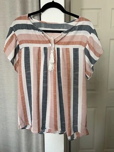 Women Top Size Large Colorful Stripe Short Flutter Sleeve Boho Indie Blouse - Picture 1 of 16