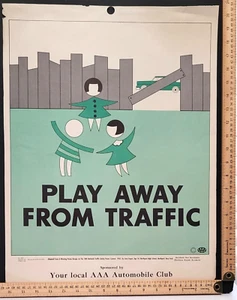 AAA Safety Poster 1963 MCM Children Playing In Fenced Area Car In Background - Picture 1 of 2