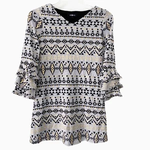 Amy Byer Girls’ Dress Gray Gold Aztec Print Ruffle Bell Long Sleeves SZ 10 EUC! - Picture 1 of 8