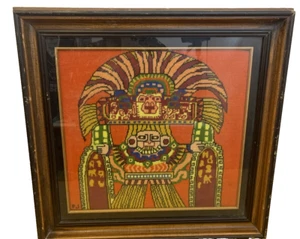 Vintage Red Aztec Mayan Needlepoint Finished Framed Piece Signed JP Square - Picture 1 of 10