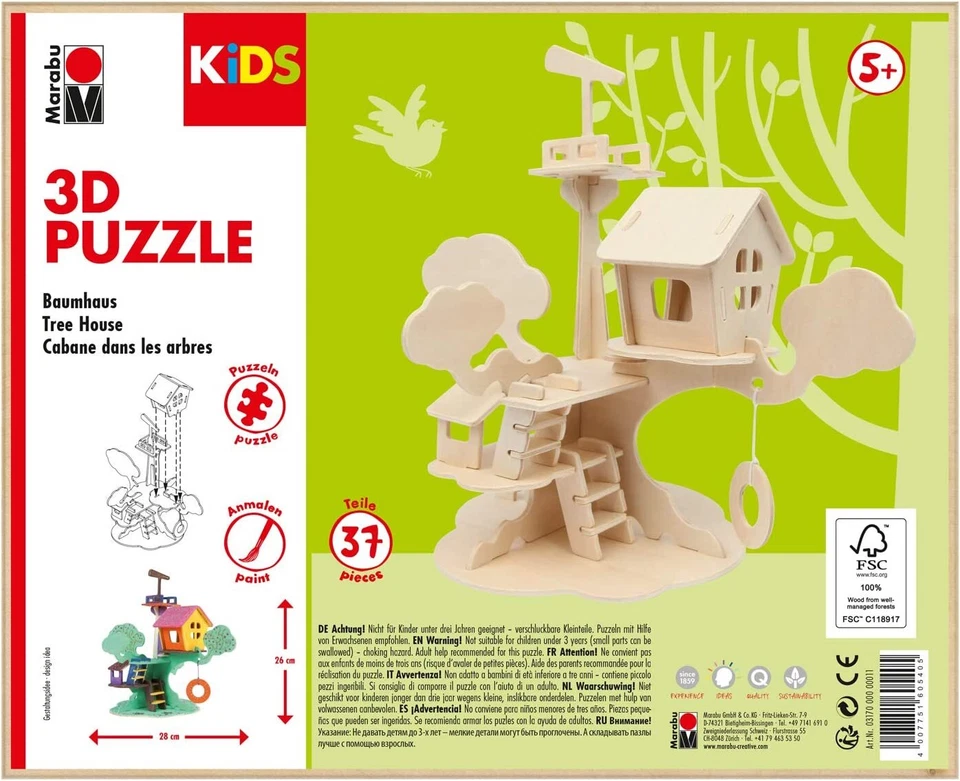Marabu 3D Holz Puzzle Baumhaus Kinder Spielzeug 37 Teile ausmalbar Junge Mädchen