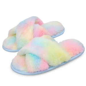 Womens Cross Band Memory Foam Fluffy Furry House Slippers Open Toe House Shoes - Picture 1 of 44