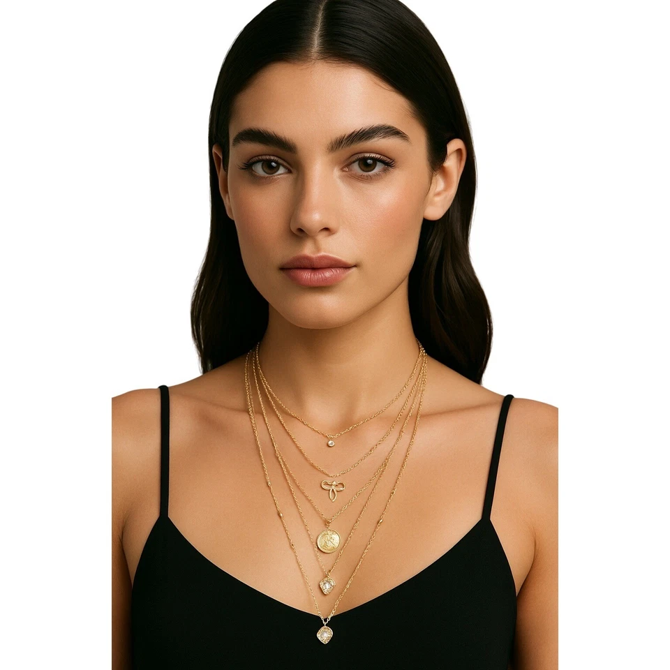 Juego de collar en capas sin níquel BP tono dorado arco corazón medallón flores dijes NUEVO Foto 1 de 4