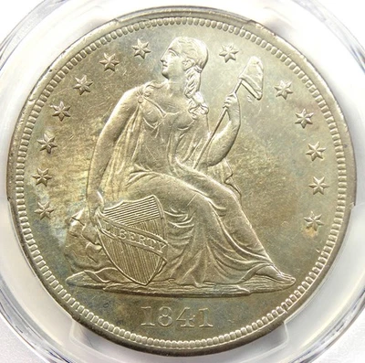 Dólar de plata libertad sentada 1841 $1 - PCGS detalle sin circular (UNC MS) - ¡Raro! Foto 1 de 4