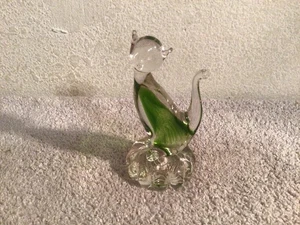 Vintage Murano Style Glass Cat Figurine Clear Glass With Green Core - Picture 1 of 10