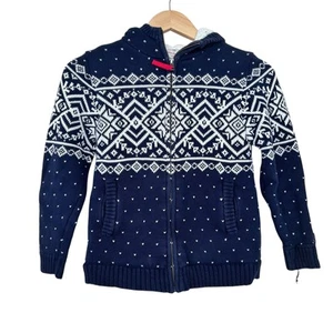 Hanna Andersson Blue Fair Isle Sherpa Lined Full Zip Hoodie Sz 8 - Picture 1 of 5
