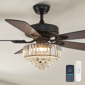 52 Inch Crystal Ceiling Fan with Light Modern LED Fandelier with Remote Black... - Picture 1 of 9