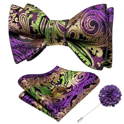  Self Tie Bow Ties and Lapel Pin for Men Paisley Solid Purple Green Yellow Self - Image 1 of 4