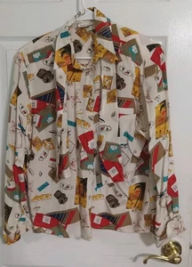 Vintage Import Image Secretary Blouse Womens Animals Camera   100% Silk Size 10 - Picture 1 of 10