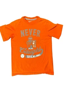 Nike Shirt Youth Small 'Never Caught Stealing' Baseball Grafica Tee Arancione - Foto 1 di 6
