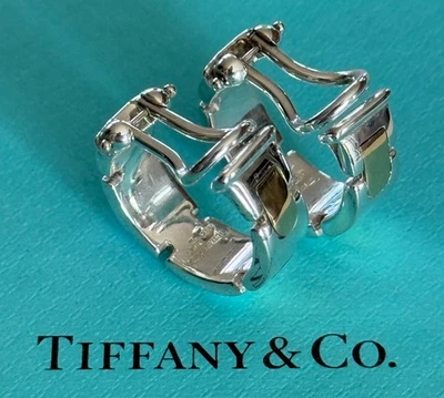 Tiffany & Co. Earrings Flat Link  Hoop  Sterling Silver 925 & 18k Gold Clip On - Image 1 of 4