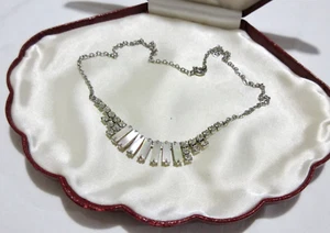 Vintage mother of pearl & crystals bar chain necklace, princess length,  16" - Picture 1 of 18