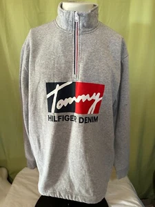 Tommy Hilfiger Denim großes Logo Herren hellgrau 1/4 Reißverschluss Pullover Vlies Medium - Bild 1 von 4