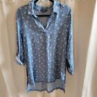 Chelsea Theodore Womens Tunic Top Large Blue Chambray Tencel Floral Hi Low 16271