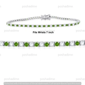 14K White Gold Womens 4Ct Lab Grown Diamond & Genuine Peridot Tennis Bracelet - Picture 1 of 7