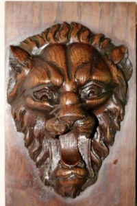 646 - Ancienne sculpture bois massif - Tête de lion rugissant sur panneau - Foto 1 di 12