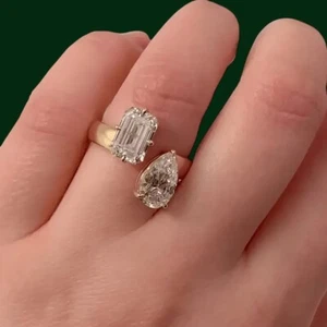 Wedding Ring 14k Yellow Gold 2.25 Ct Pear And Emerald Cut IGI Lab Grown Diamond - Picture 1 of 7