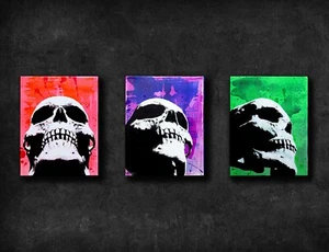 Original Skull Painting - POP ART - With UV Blacklight Bulb - 11x14 (set of 3) - Picture 1 of 10
