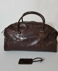 Bath & Body Works Brown Faux Leather Croc Design Travel Duffle Zipper Bag Large - Picture 1 of 12