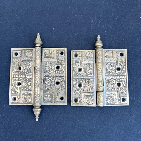 Antique Cast Bronze Door Hinges Steeple Tip Ornate 4.5x4.5 Set of 2 Cover